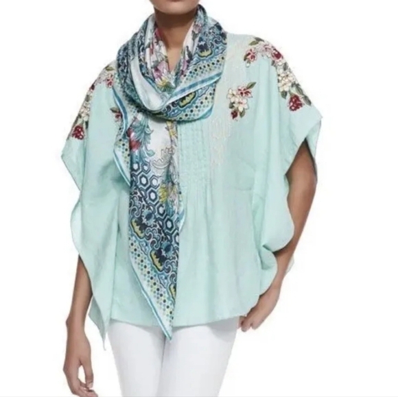 Johnny Was Rosalie Linen Pintuck Poncho Top Cool Mint Green Embroidered Large - Picture 1 of 8